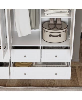 Luxury white 4-door 6-drawer wardrobe with mirror, bedroom Armoire, Closet