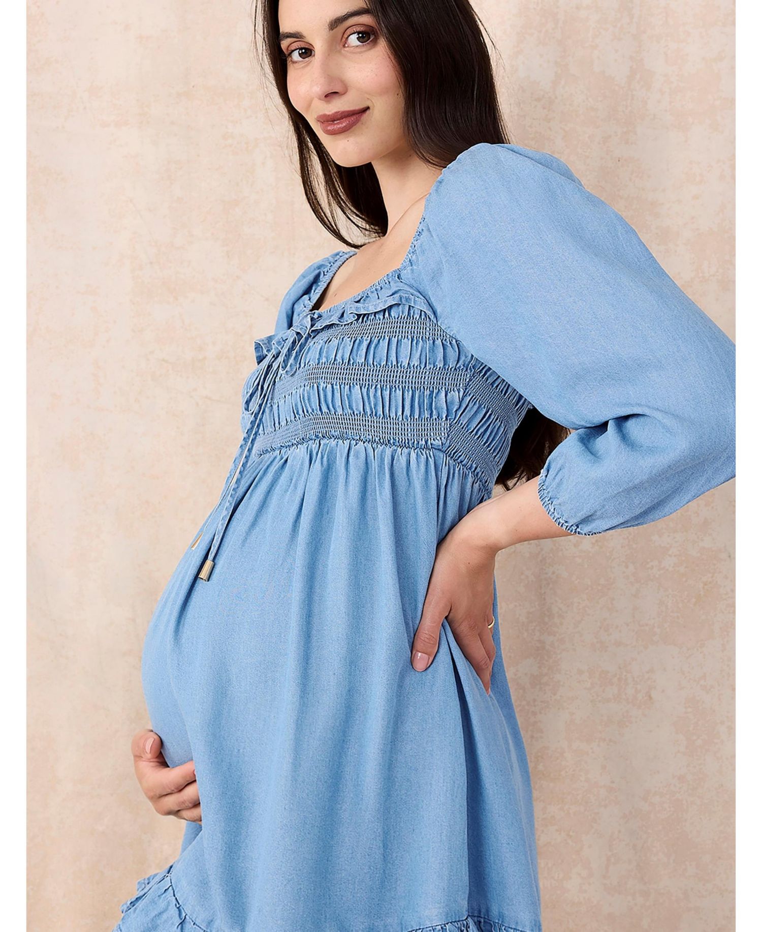 Women's Smocked Babydoll Long Sleeve Mini Dress - Motherhood