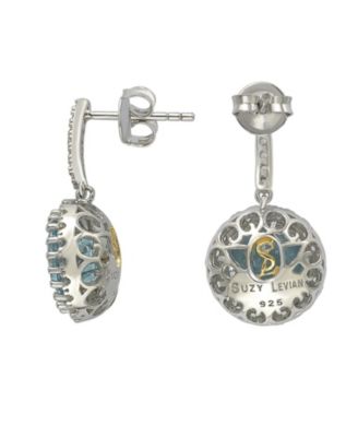 Suzy Levian Sterling Silver Round Cut Blue Topaz And White Topaz Drop Earrings