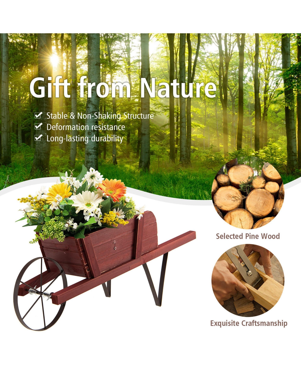 Gymax Wooden Wagon Planter Decorative Indoor/ Outdoor Rustic Flower Cart w/ Wheel