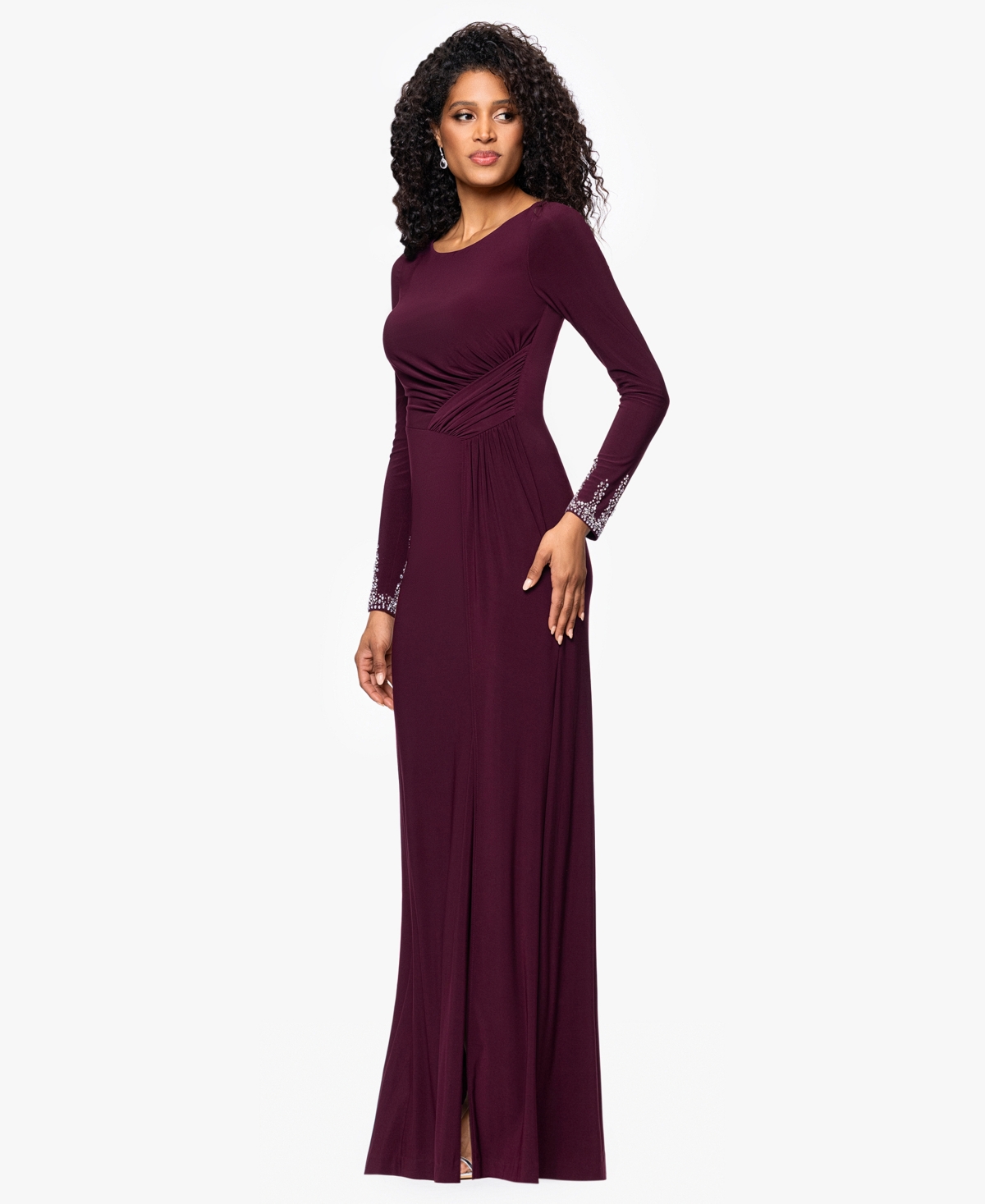 Betsy & Adam Petite Beaded Dress With Long Sleeves In Burgundy