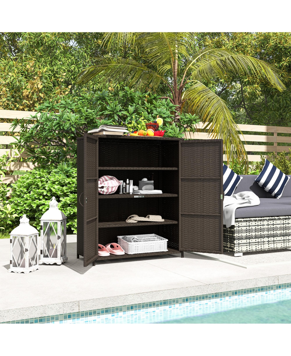 Outsunny Wicker Outdoor Storage Cabinet with Shelves, 2 Doors, Dark