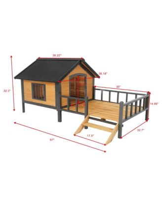 67 in. Wooden Dog House Dog Kennel with All-Around Iron Frame and Porch in Natural