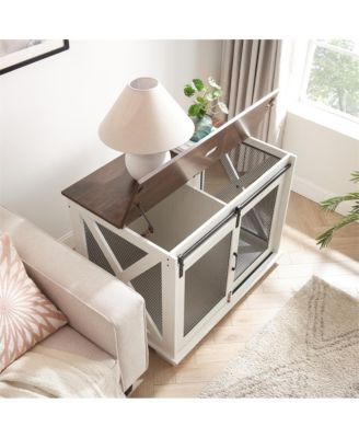 White Farmhouse Dog Kennel End Table with Barn Door Flip Top and Divider