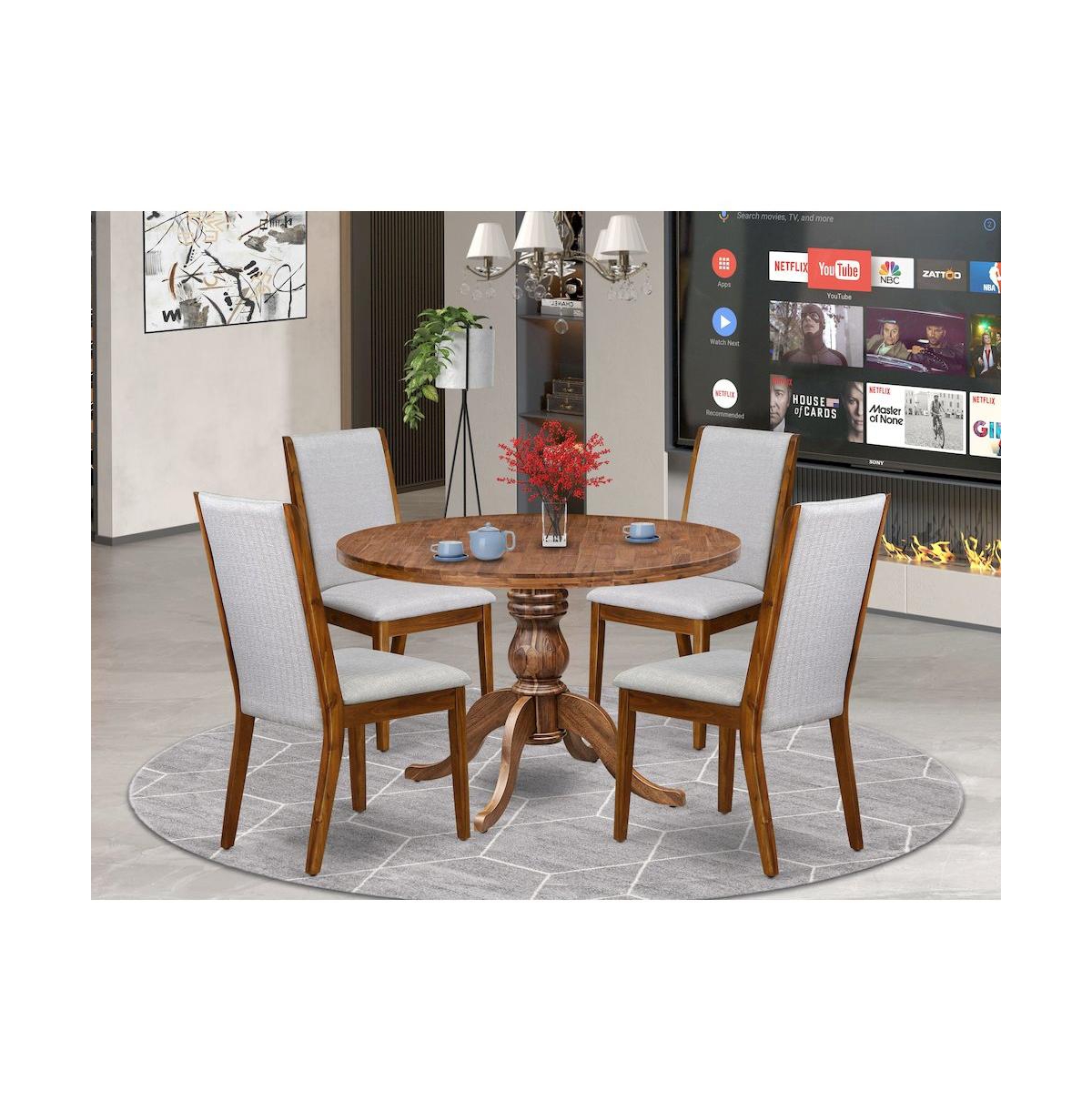 Luxe by East West Furniture 5-Pc Kitchen Table Set A Pedestal Dining Table, 4 Grey Fabric Dining Chairs
