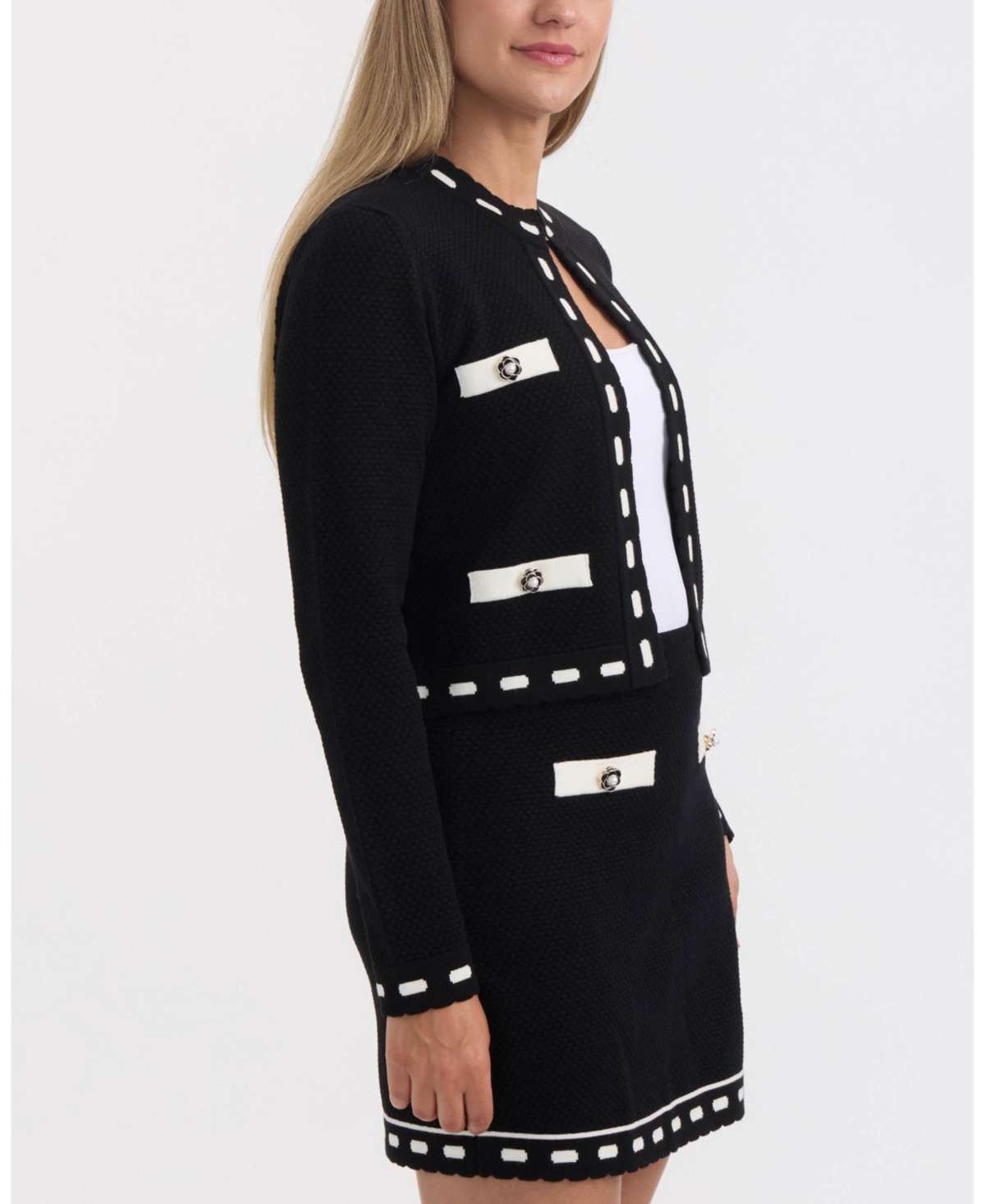 Ellen Tracy Seed Stitch Trim Crop Cardigan In Black