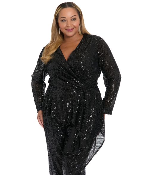 Женский топ Muse Plus Size Sequin Long-Sleeve Twist Wrap Top, цвет: Чёрный