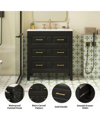 30" Freestanding Vanity With Ceramic Sink Combo and 3 Drawers, Solid Wood Frame