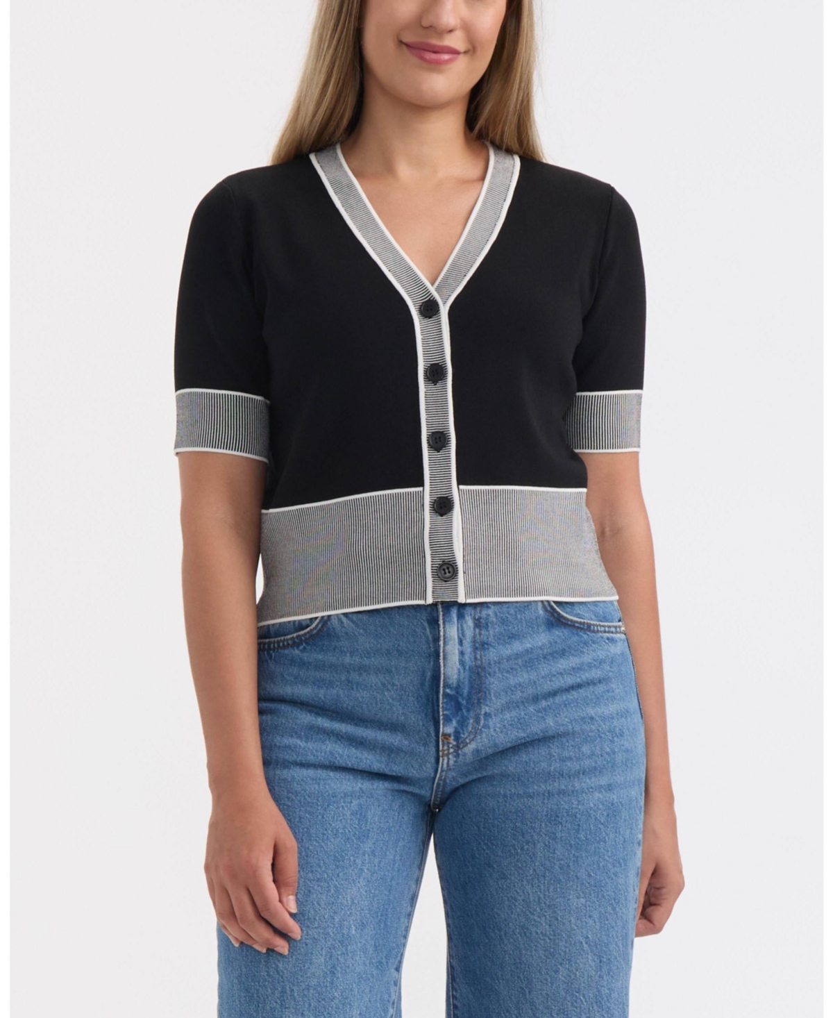 Ellen Tracy Women's V-neck Short Sleeve Knit Cardigan With Contrast Tipping In Black