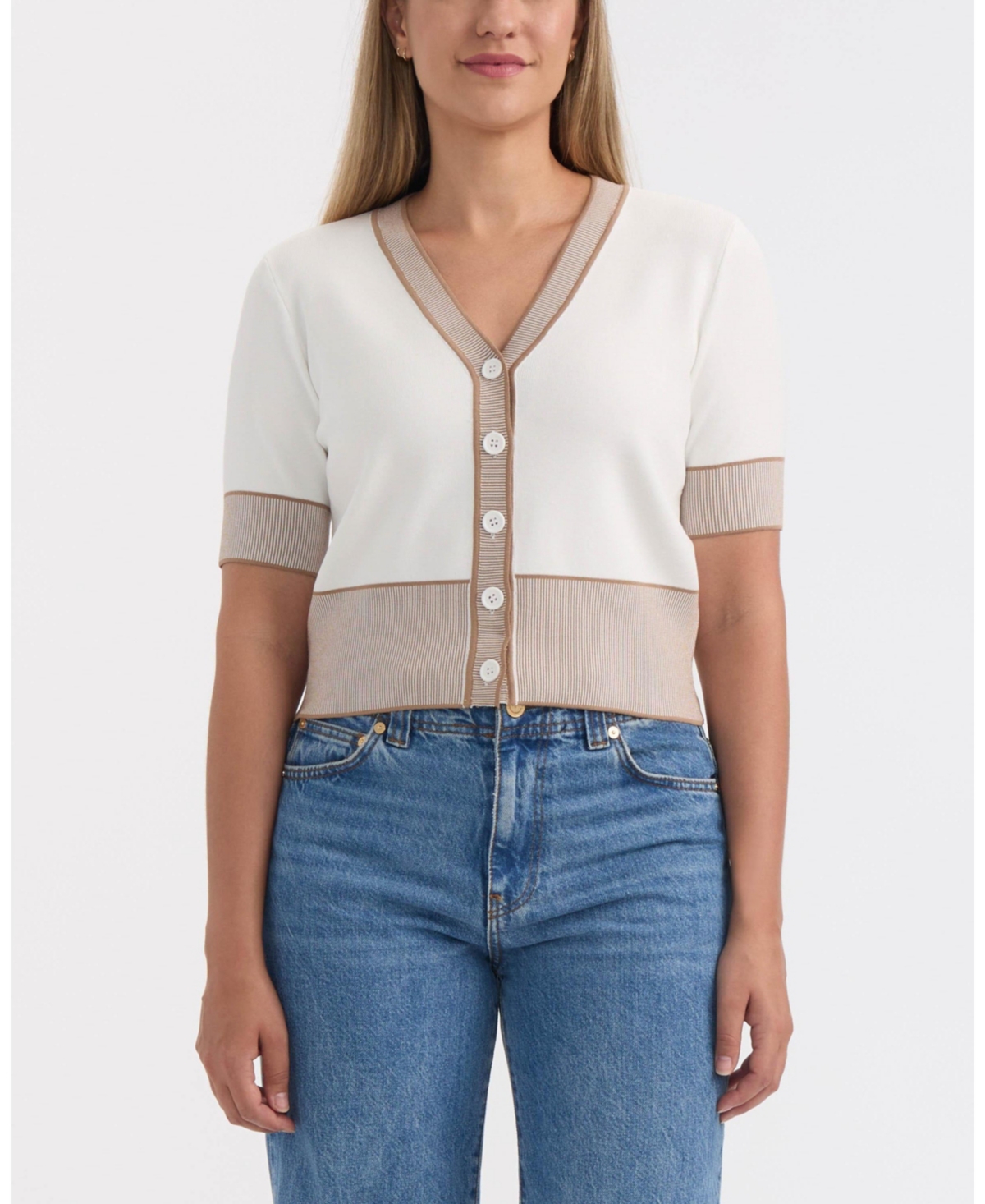 Ellen Tracy Women's V-neck Short Sleeve Knit Cardigan With Contrast Tipping In White