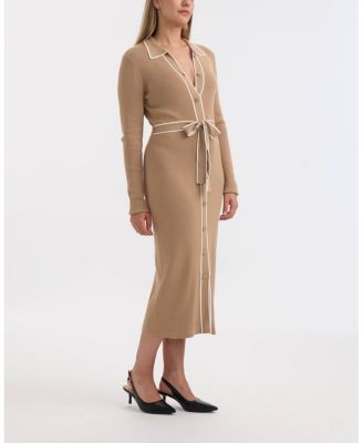 Women’s Button Front Long Dress with Contrast Tipping