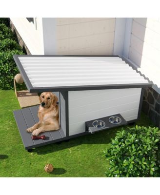 44.1 in. Outdoor Wooden Dog house with Food bowl, 4 swivel wheels in Gray