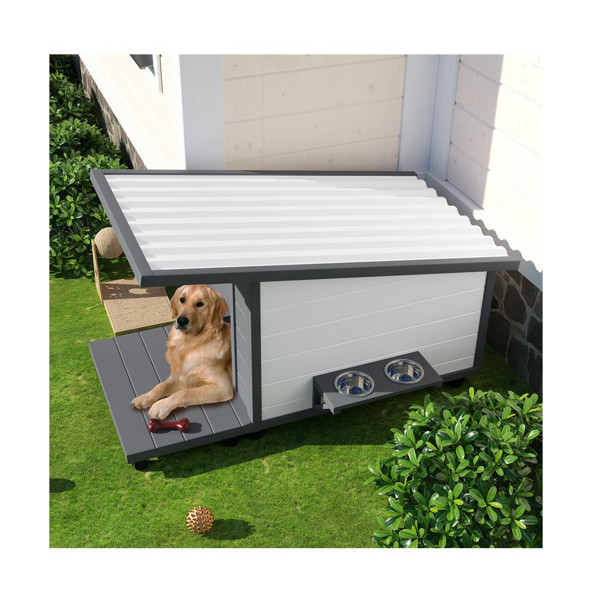 Aostirmotor 44.1 in. Outdoor Wooden Dog house with Food bowl, 4 swivel wheels in Gray