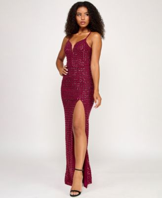 Juniors' Sequin Power Mesh Gown