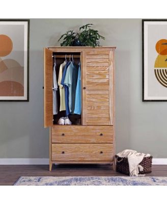 Farmhouse Louvered Armoire in Distressed Driftwood Finish, Solid Pine Wood