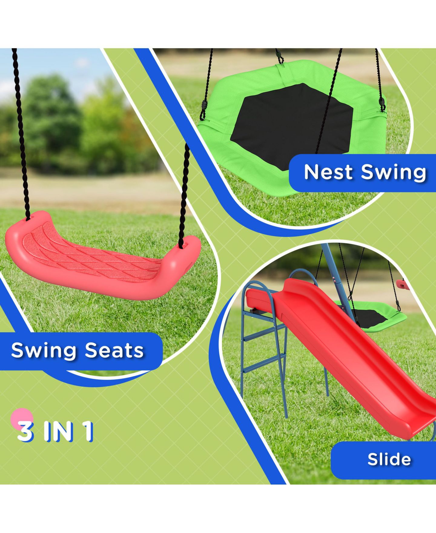 Детские игрушки Outsunny 3 in 1 Metal Swing Set with Nest Swing, Slide & Swing Seats, Holds Up to 352 lbs., Ages 3-10, цвет: Красный — фото 5