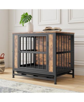 27.48'' Rustic Brown Wooden Dog Crate Table Sliding Doors Thick Iron Frame Indoor