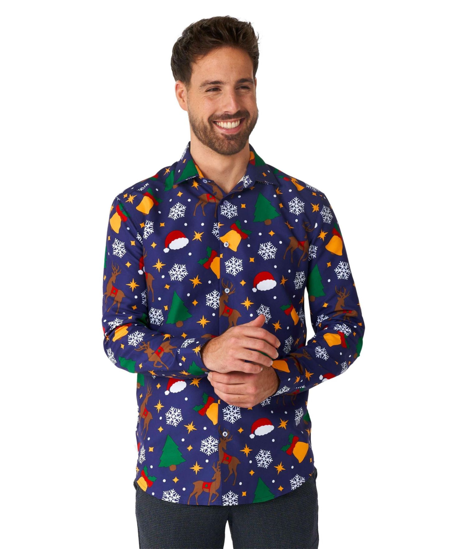 Мужская рубашка Suitmeister Tree Shirt - Christmas Party Shirt - Stylish Button-Up - Green - Long sleeve, цвет: Синий — фото 1