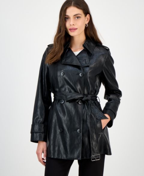 Женские куртки BCBGMAXAZRIA Double-Breasted Faux-Leather Belted Trench Coat