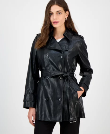Women's Double-Breasted Faux-Leather Belted Trench Coat - Black