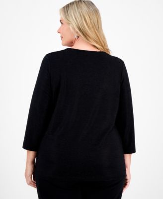 Plus Size Metallic Jacquard 3/4-Sleeve Top, Macy's Exclusive
