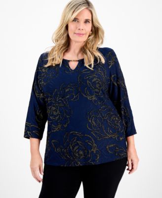 Plus Size Metallic Jacquard 3/4-Sleeve Top
