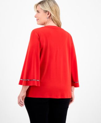 Plus Size Embellished V-Neck 3/4-Sleeve Top, Macy's Exclusive
