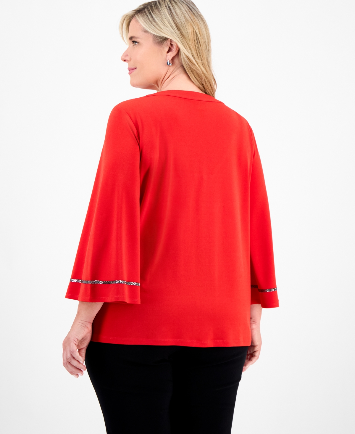 Jm Collection Plus Embellished V-Neck 3/4-Sleeve Top