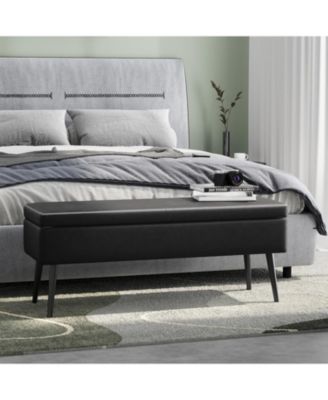 Storage Ottoman Bench, Mid-Century Modern Synthetic Leather, Black, Safety Hinges, Loads 680 lbs, Entryway & Bedroom