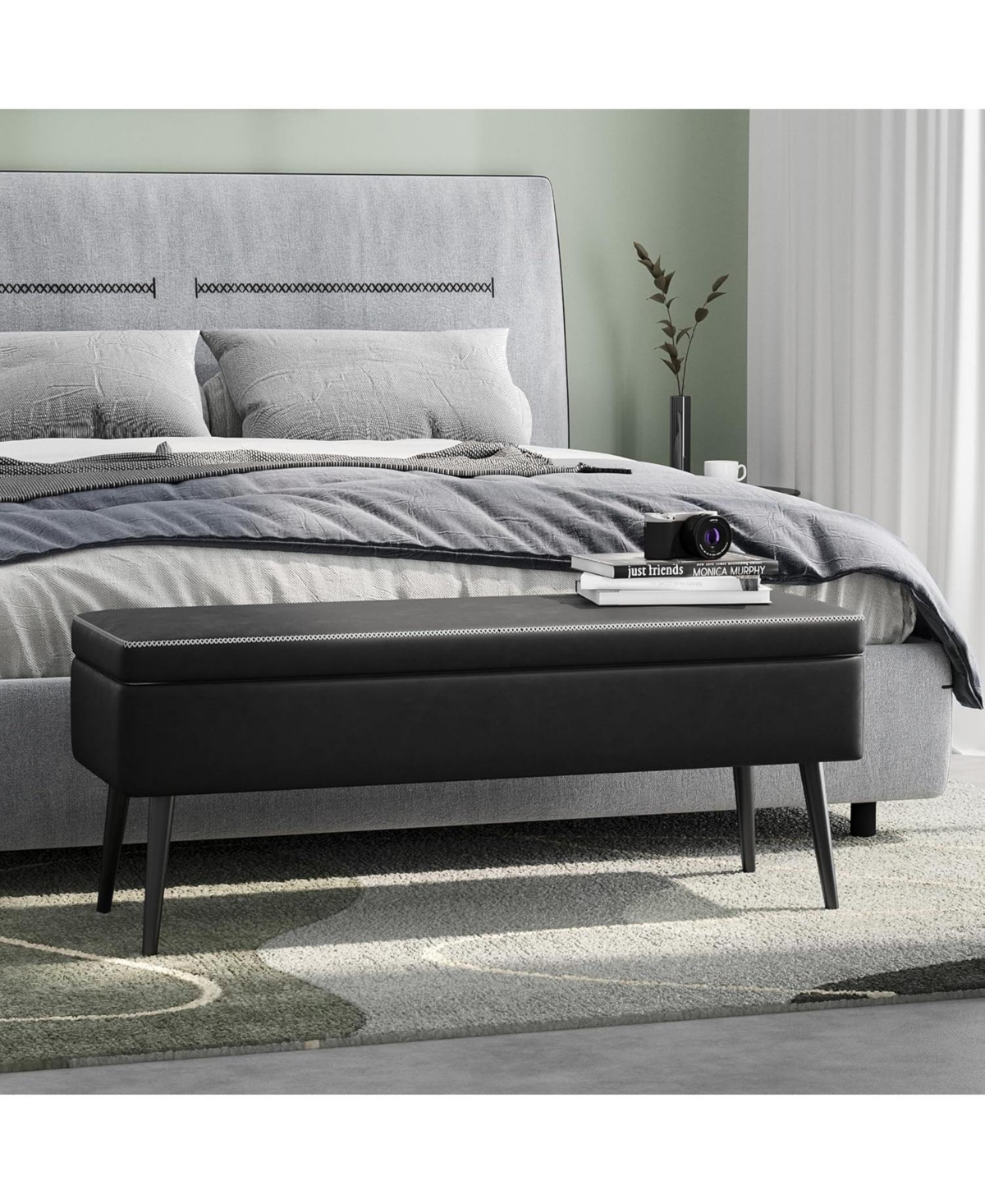 gaomon Storage Ottoman Bench, Mid-Century Modern Synthetic Leather, Black, Safety Hinges, Loads 680 lbs, Entryway & Bedroom