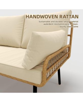 3-Pieces Outdoor Wicker Patio Conversation Set with Sofa, Coffee Table & Cushions, Sectional Couch for Balcony, Backyard, Deck