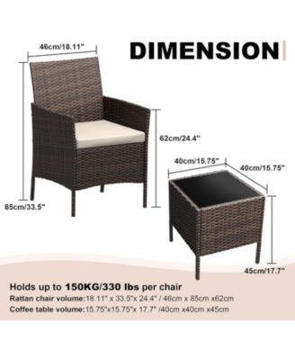 3 Pieces Brown/Beige Rattan Patio Furniture Set with Upholstered Chairs & Coffee Table for Garden, Backyard & Porch