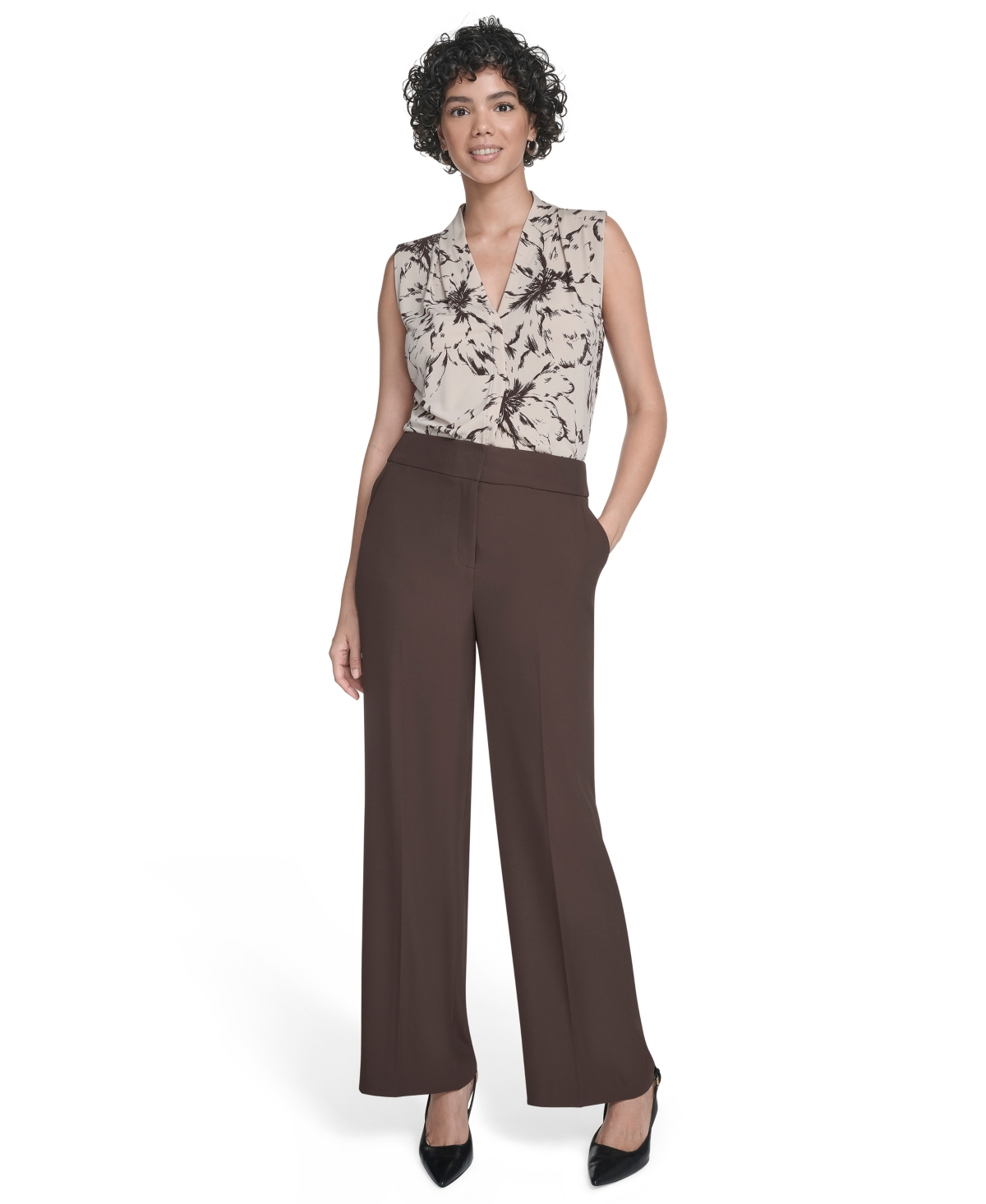 Calvin Klein Petite Solid Wide Leg Pants In Brown