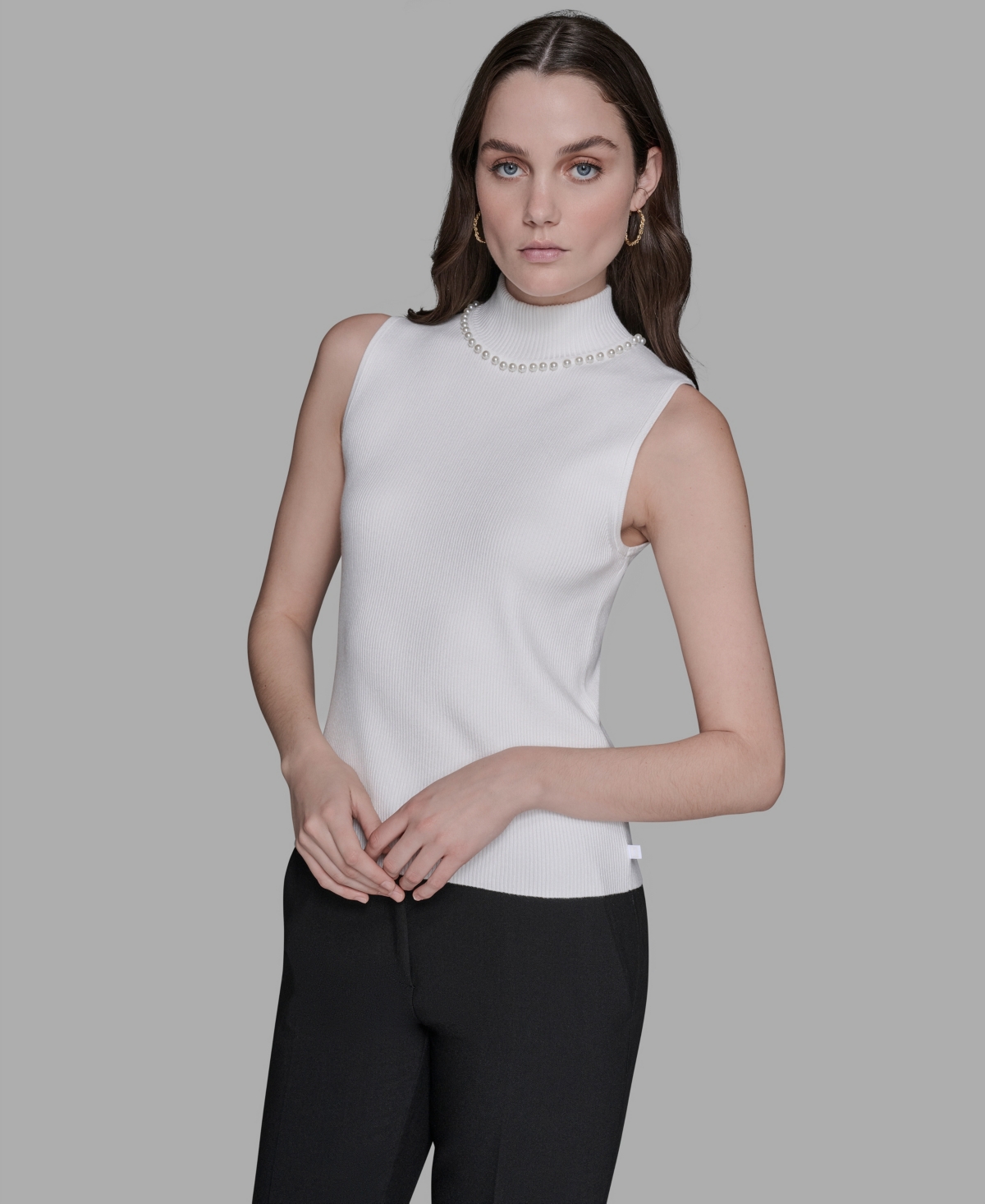 Karl Lagerfeld Women's Bead-embellished Sleeveless Mock-neck Top In White