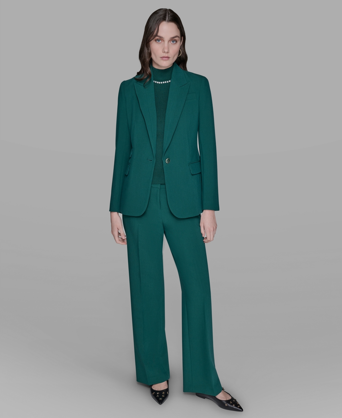 Karl Lagerfeld Womens Straight Leg Pants Bead Embellished Sleeveless Mock Neck Top One Button Blazer In Green