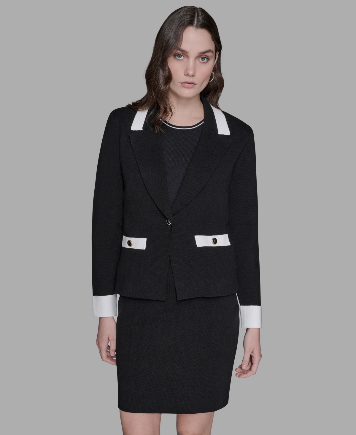 Karl Lagerfeld Womens Cotton Colorblocked Pencil Skirt Embellished Pleated Top Cotton One Button Knit Blazer In Black