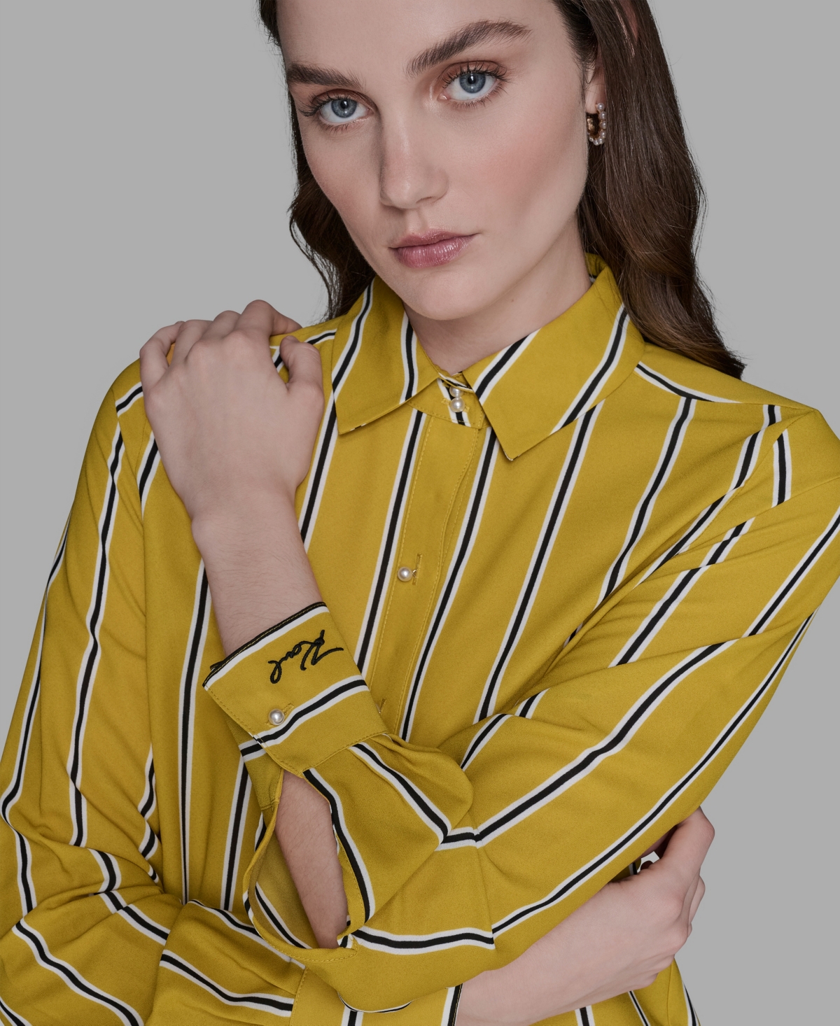 Karl Lagerfeld Women's Striped Faux-pearl Shirt In Yellow
