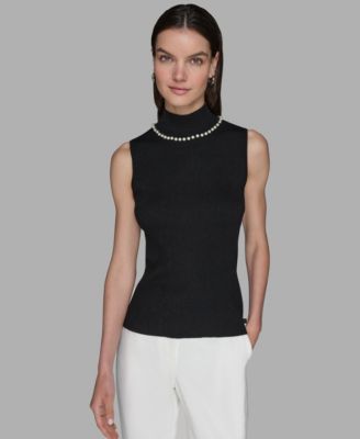 KARL LAGERFELD PARIS - Women's Bead-Embellished Sleeveless Mock-Neck Top