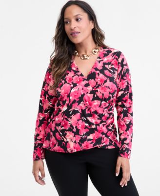 I.N.C. International Concepts - Plus Size Printed Long-Sleeve Surplice-Neck Top