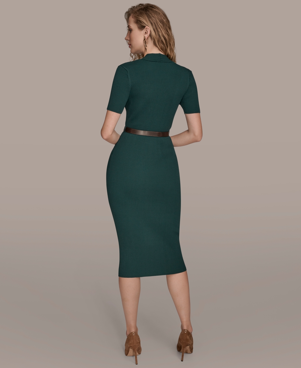 Donna Karan Petite Sweater Short Sleeve Midi Dress In Brown