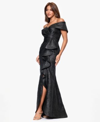 Women's Brocade Off-The-Shoulder Ruffled Long Dress