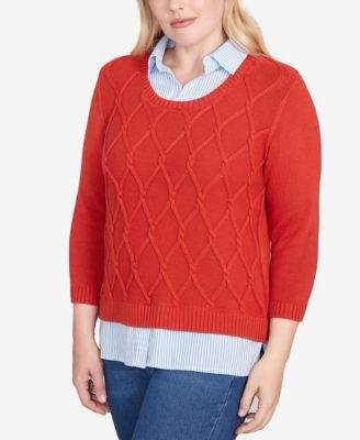 Petite Stitched Cable Stripe Woven Trim Sweater