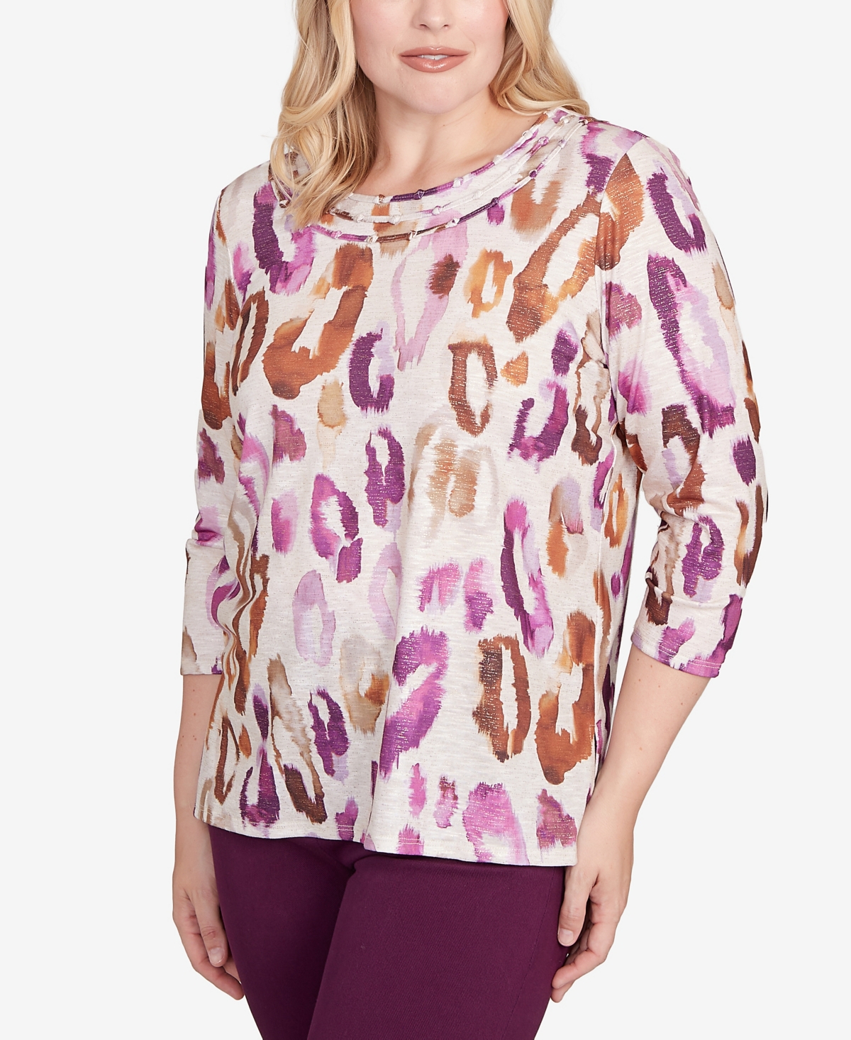 Alfred Dunner Petite Animal Print Knit Crewneck Top In Purple