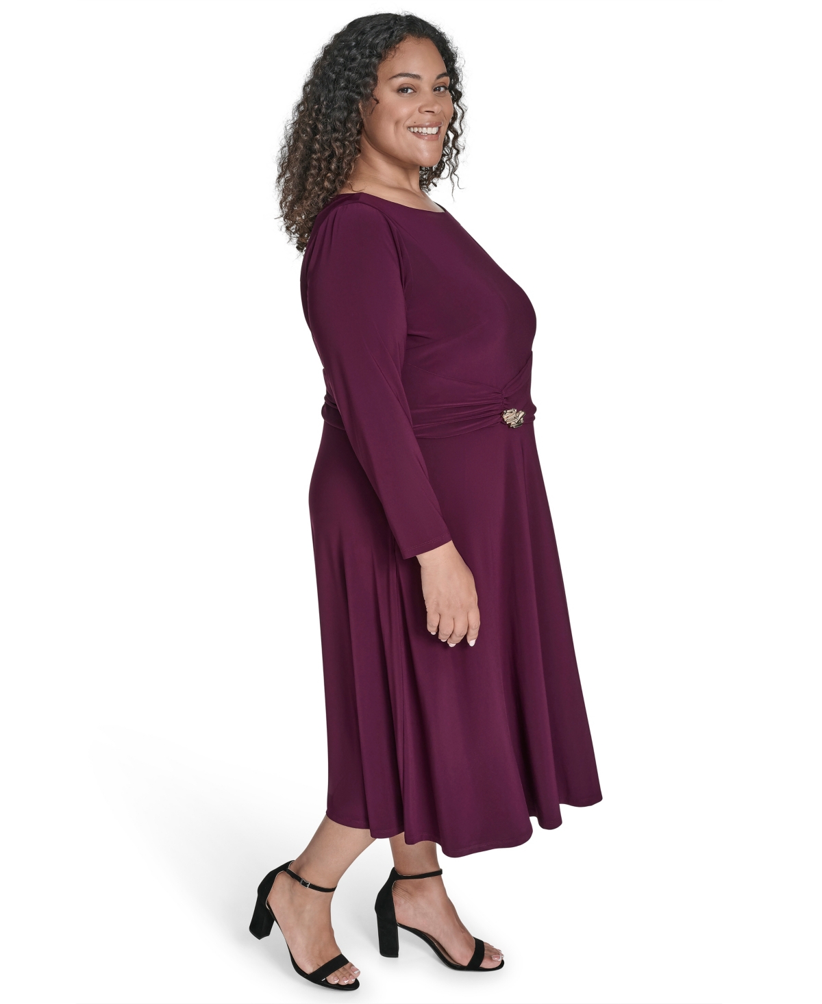 Jessica Howard Plus Size Boat Neck Asymmetric Side Ruched Midi Dress In Purple