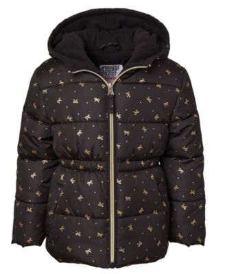 Toddler and Little Girls Foil Bow Puffer Jacket with Beanie