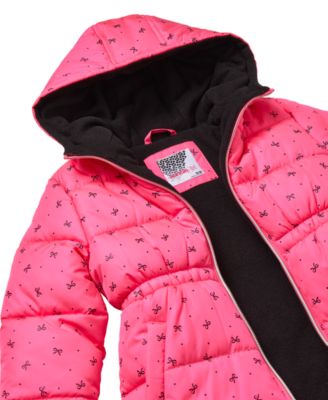 Toddler and Little Girls' Foil Bow Puffer Jacket with Beanie