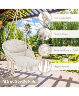 Boho Hanging Chair with Thick Cushion and Macrame Details