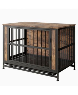 38.9in Rustic Brown Dog Crate Furniture Sliding Doors Thick Iron Frame Large Medium Small Dog