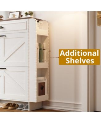 Shoe Storage Cabinet with 2 Flip Drawers and Barn Door, White/Walnut