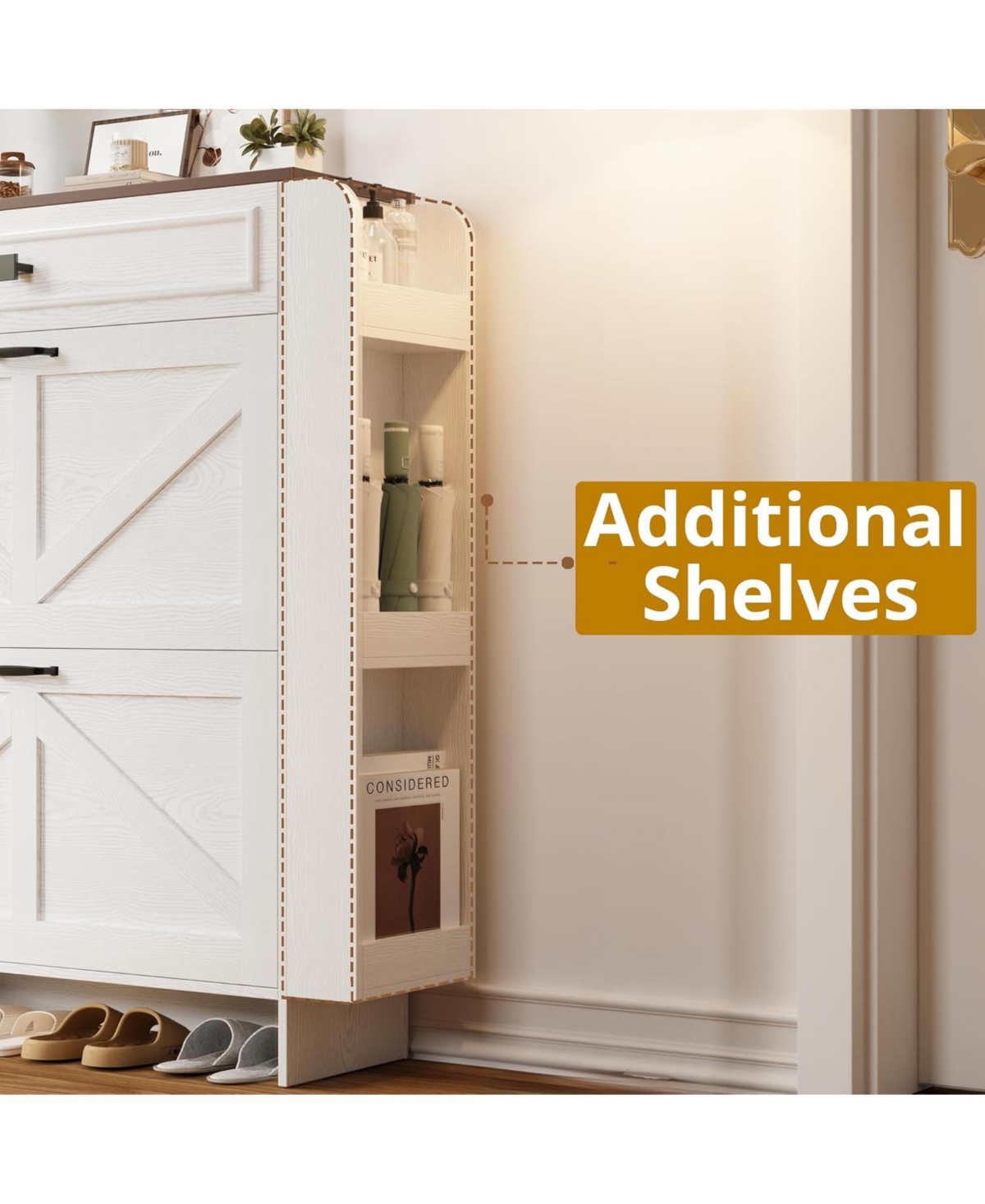 Ironck Shoe Storage Cabinet with 2 Flip Drawers and Barn Door, White/Walnut